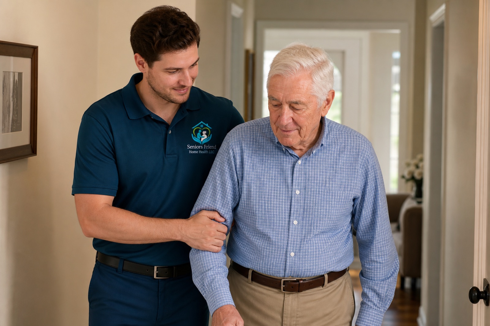 Uniformed caregiver assisting a client