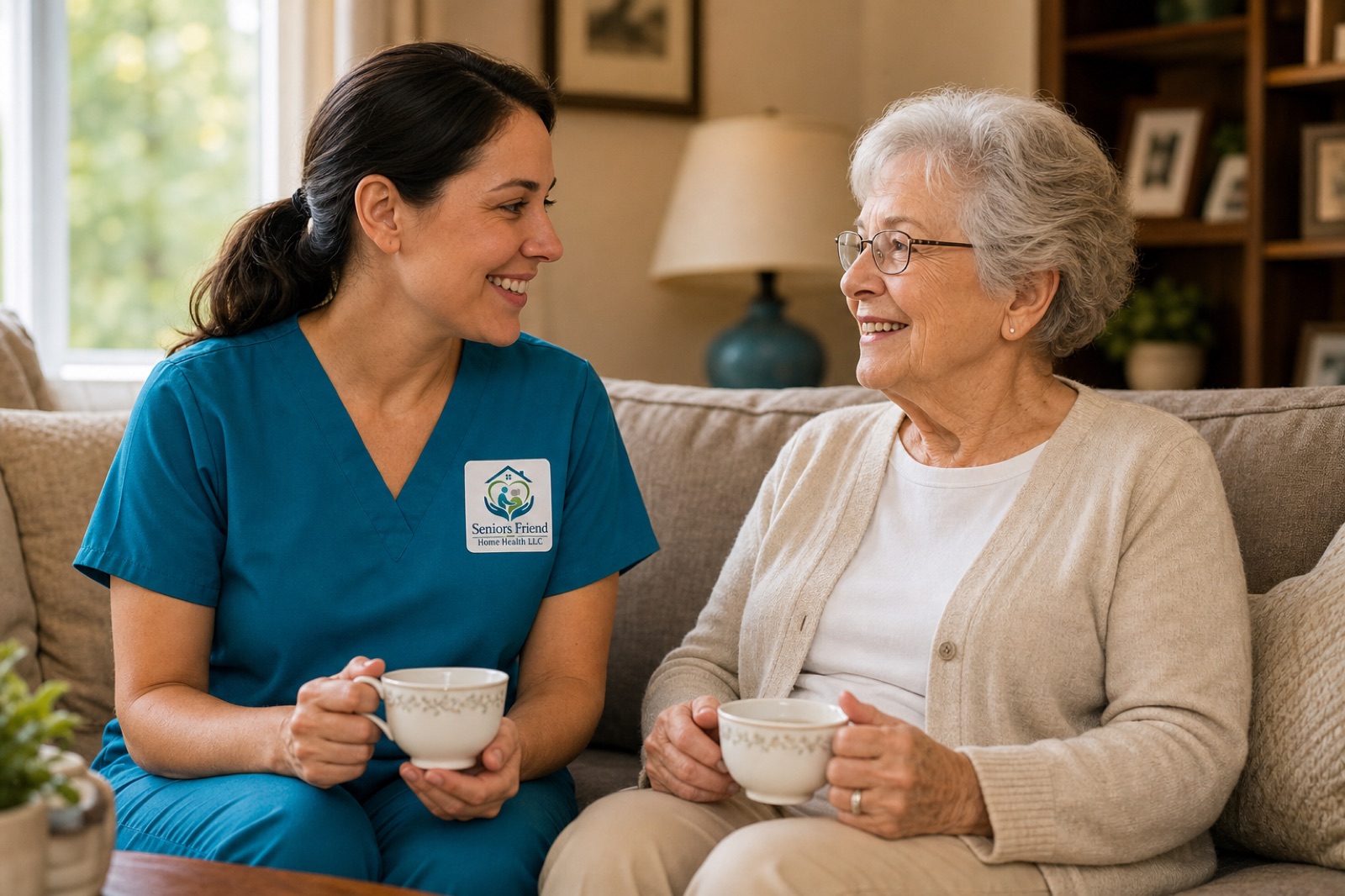 Caregiver in logo uniform providing companionship