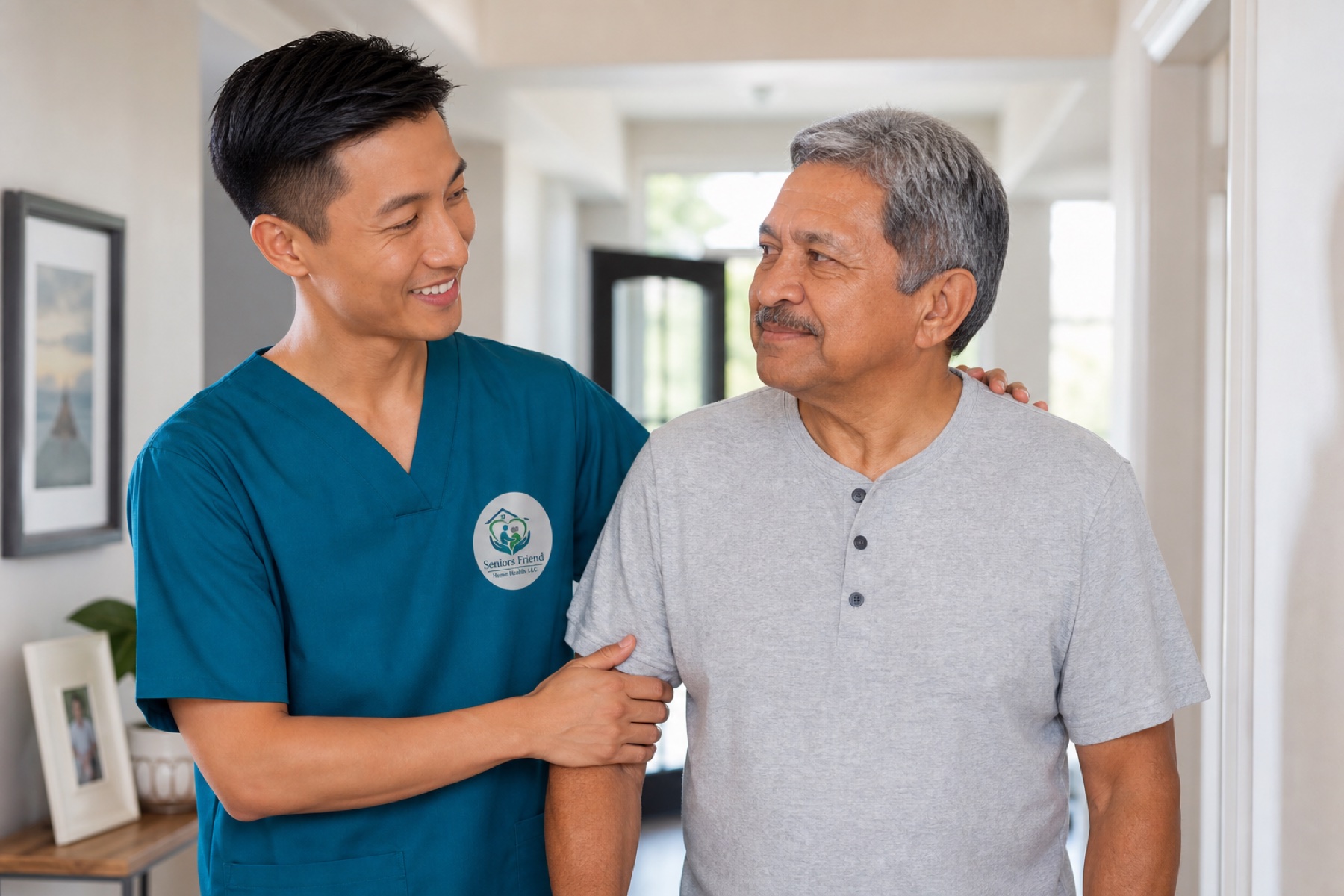 Uniformed Asian American Seniors Friend caregiver assisting a client at home